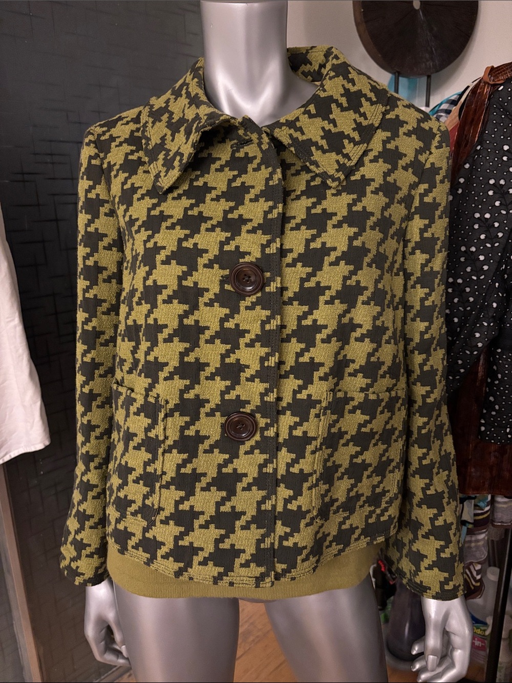 Ellen Tracy Olive and Black Houndstooth Button Jacket